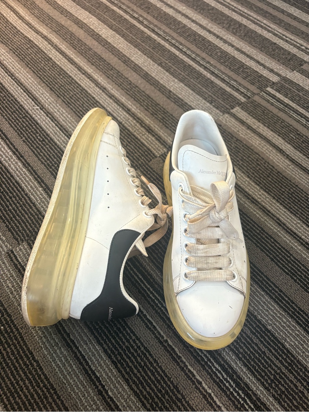 Alexander McQueen White Leather Sneakers with Black Heel and Yellow Sole - Picture 2 of 7